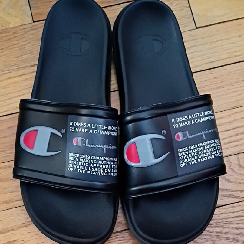 Champion Black Slides with Red and White Logo
